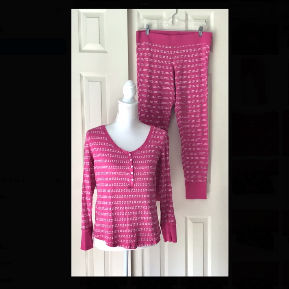 Victorias Secret Med Pajamas Set Pink Hearts Pants Top Thermal V Neck Lounge